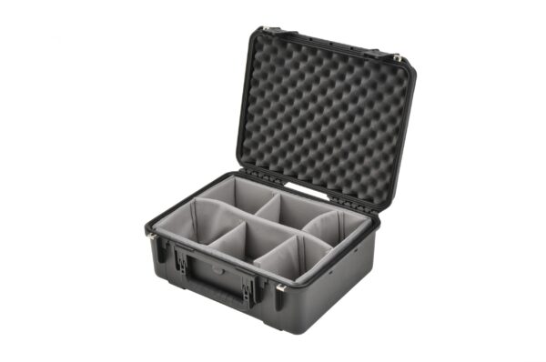 A black case with six compartments inside of it.