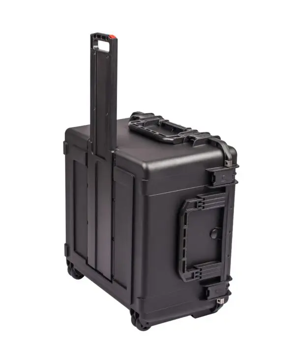 A black case with wheels and handle.
