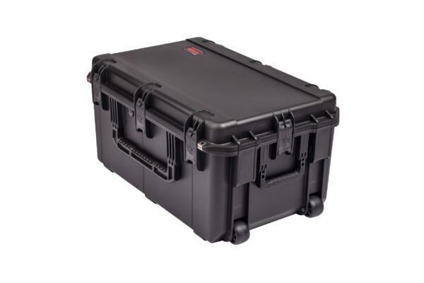 A black case with wheels on it