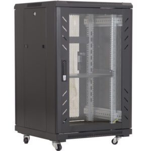 Black metal server rack cabinet on wheels.