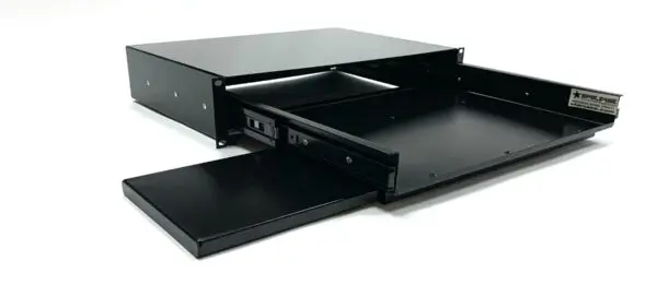 A black box with two drawers and one drawer open.