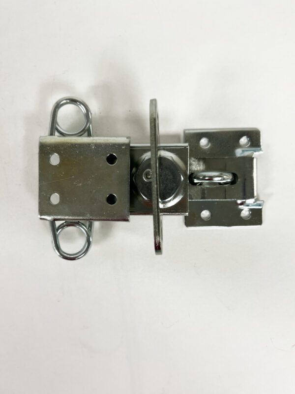 A metal latch with two hooks on the side.