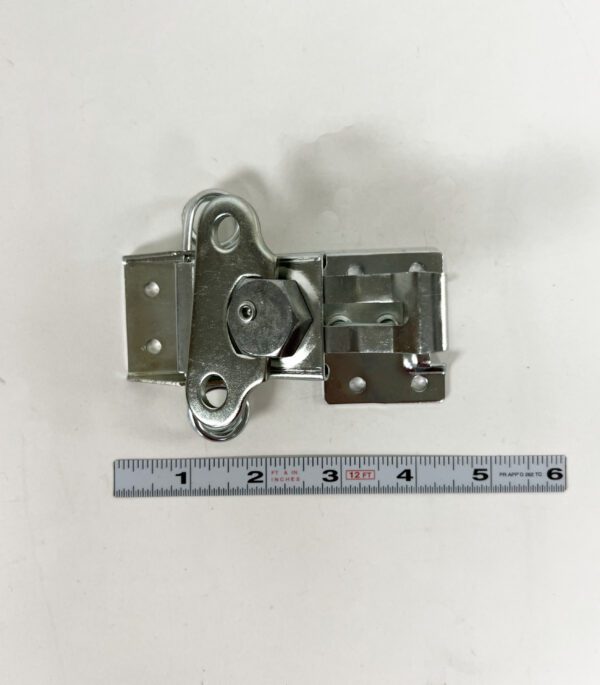 A metal hinge with a measuring tape on the side.