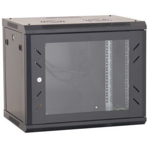 Black metal wall-mounted server cabinet.
