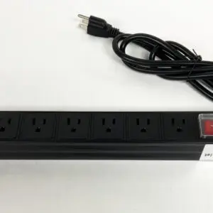 A black power strip with six outlets and an extension cord.