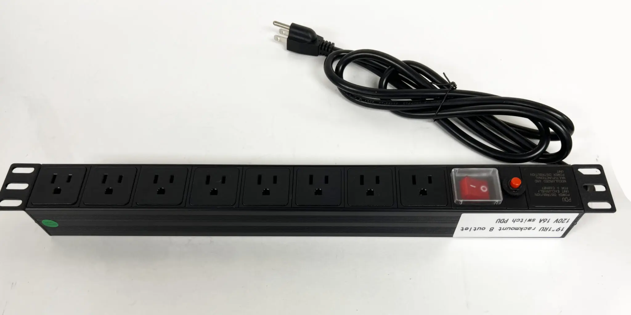 A black power strip with six outlets and an extension cord.