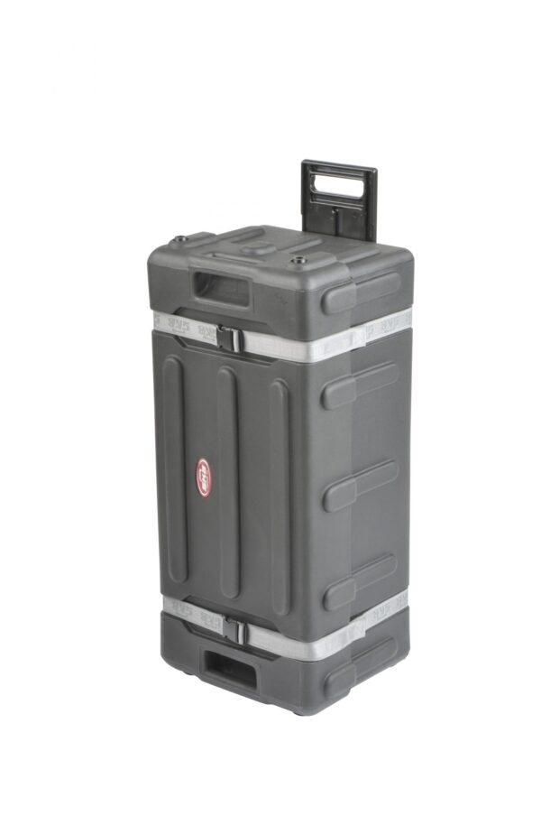 A gray case with wheels and handles on it.