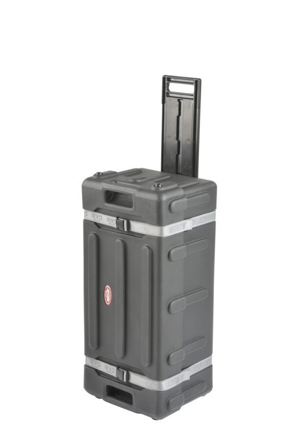 A gray rolling case with wheels and handles.