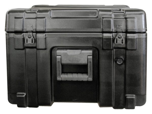 A black plastic case with a handle and two handles.