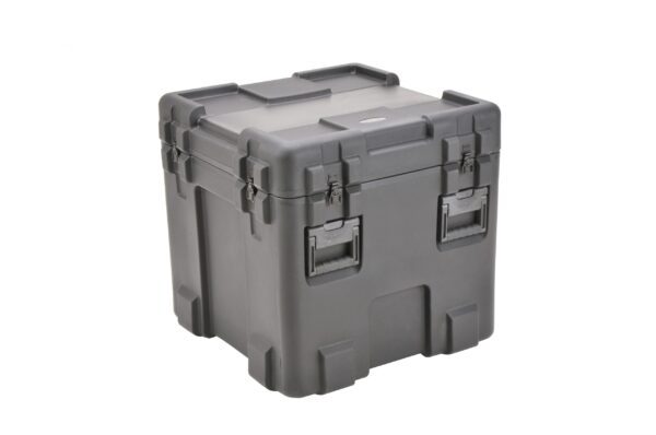A gray plastic case with two handles on top of it.