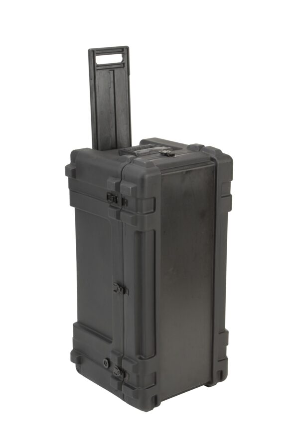 A black plastic case with wheels and handle.