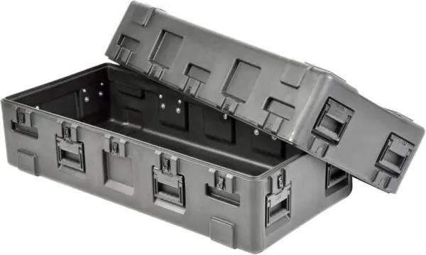 A gray plastic case with a metal latch.