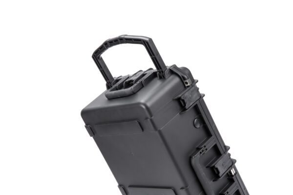 A black case with handle and wheels