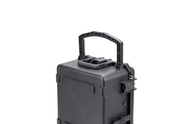 A black case with handle and strap on top.