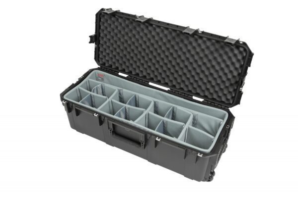A black case with a divider compartment inside.