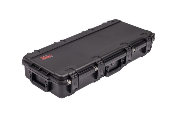 A black case with two handles and one handle missing.
