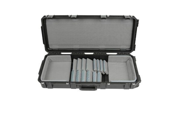 A case with many compartments and dividers.