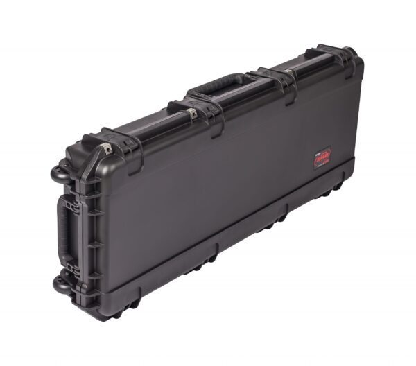 A black case with two handles and one handle missing.