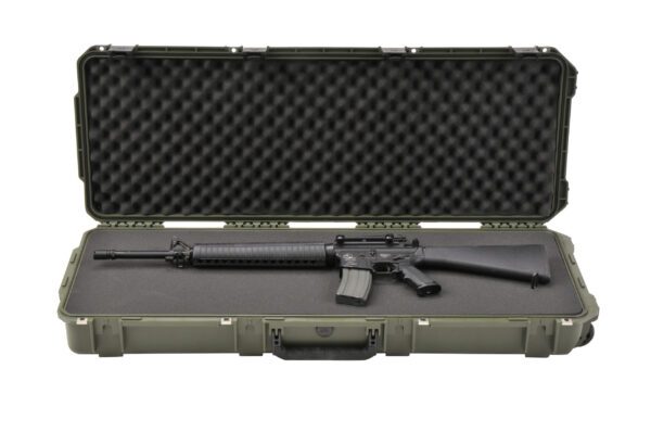 A rifle in an open case with the handle extended.