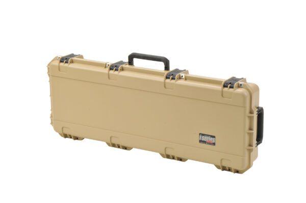 A tan case with black handles and a handle.