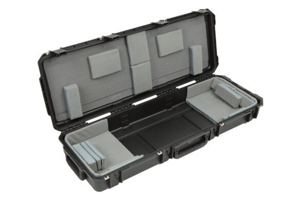 A black case with two compartments and one compartment open.