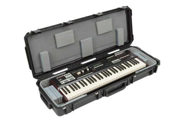 A black case with a keyboard inside of it