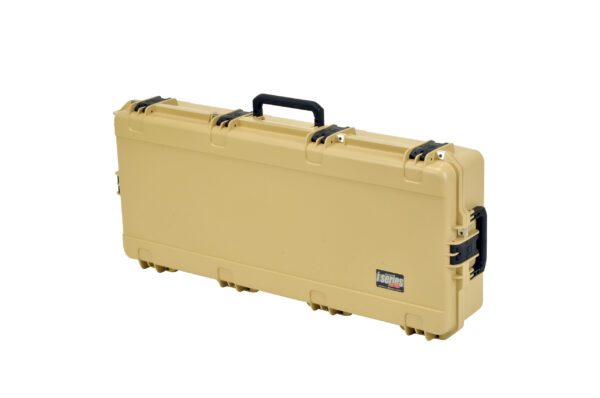 A tan case with black handles and a handle.