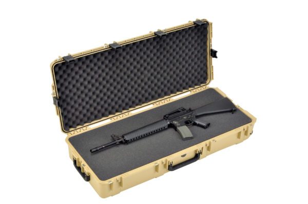 A rifle in an open case with a black handle.