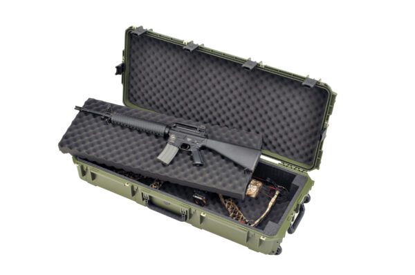 A rifle in an olive green case with a gun inside.