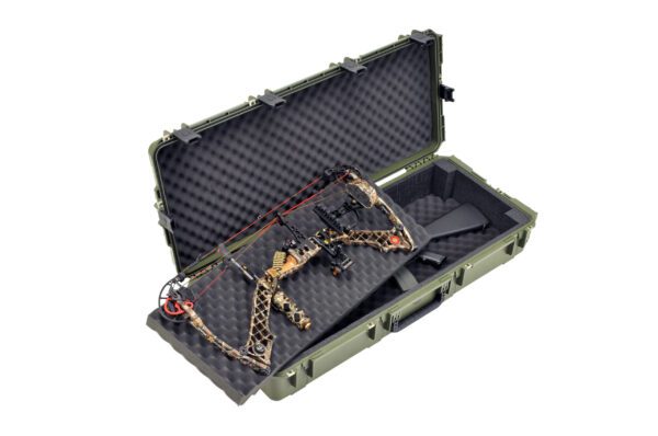 A rifle case with a bow and arrows inside of it.