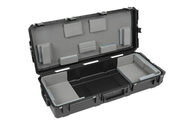A black case with two compartments open to show the inside.