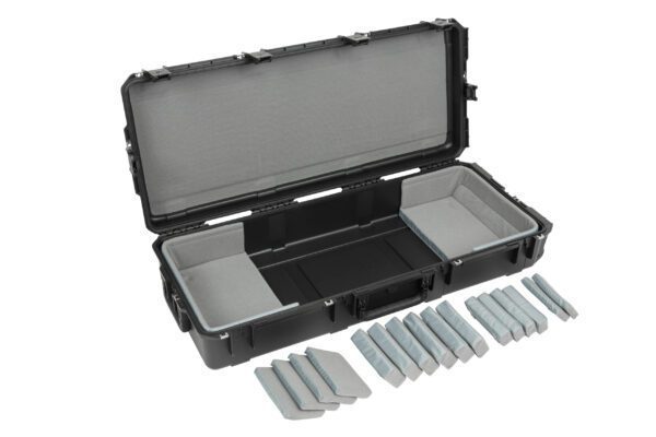 A black case with many dividers and two trays.
