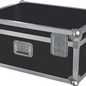 A black trunk with silver trim and handles.