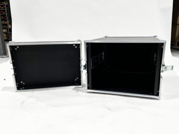 A black and silver box with two doors