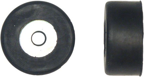 A black rubber tire with a white center and a black ring.