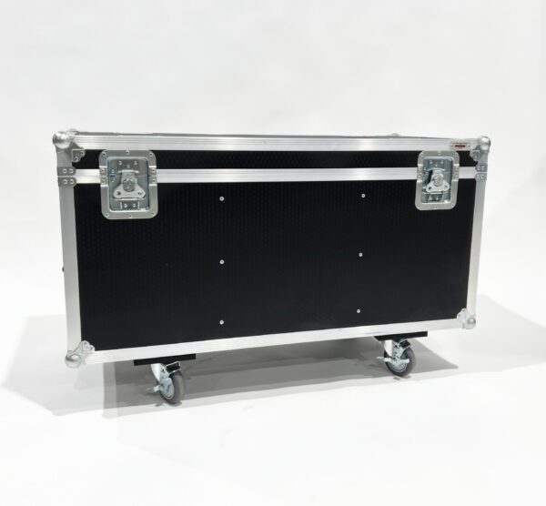 A black case with wheels and silver handles.